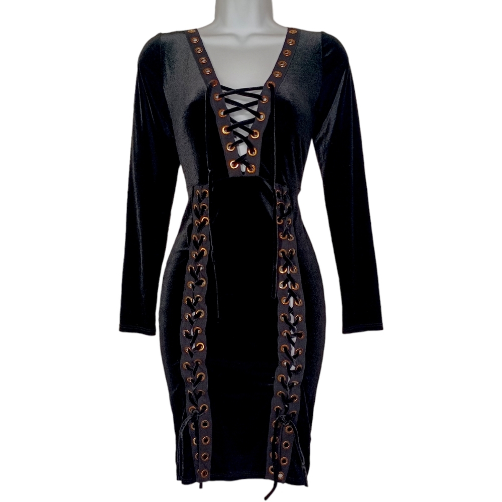 AUDITIONS Black Velvet Lace Up Sexy Long Sleeve Bodycon Mini Dress Small